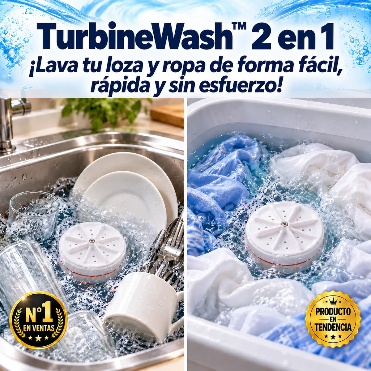 TurbineWash™ 2 en 1  ¡Lava tu loza y ropa de forma fácil, rápida y sin esfuerzo!